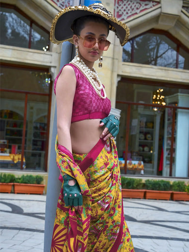 Stunning Yellow Color Printed Satin Haldi Wear Saree With Blouse